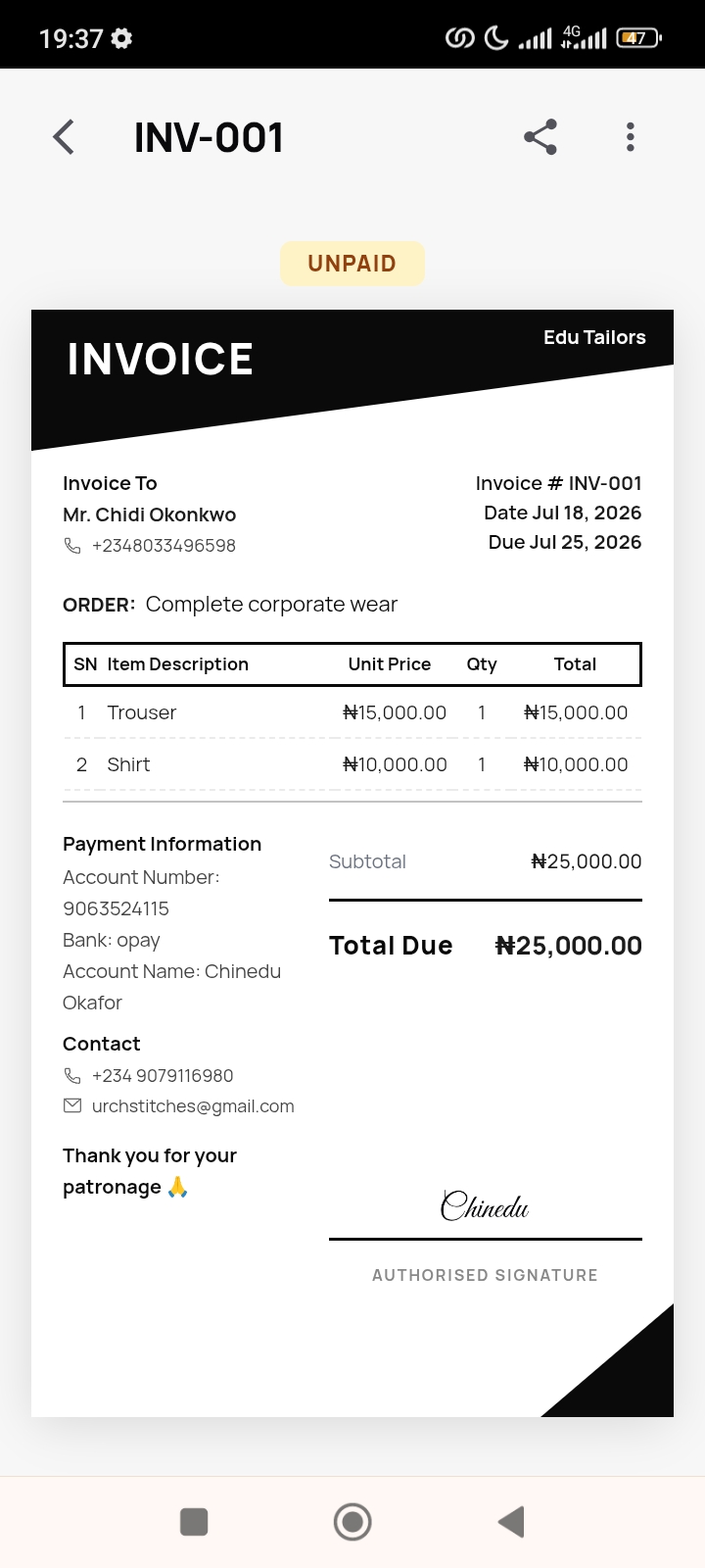 TailorPady app screen